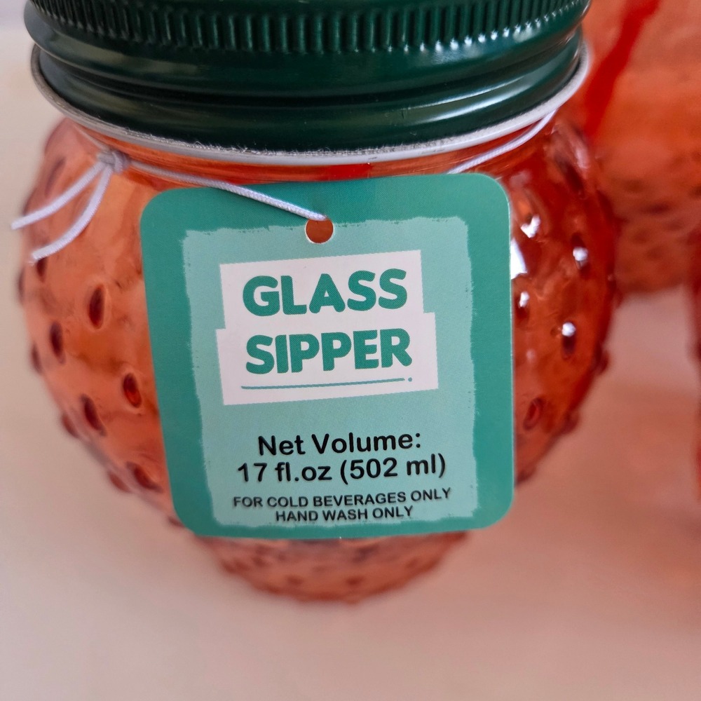 Set of 5 Red Strawberry Glass Mason Jar Sippers w/ Lids & Straws - 17oz - Picture 3 of 4